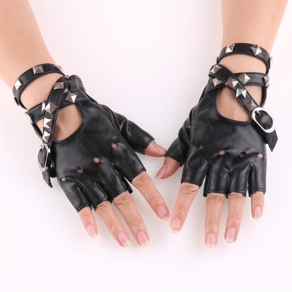 Leather Driving Glove - ユニセックスフィンガーレス運転PUレザーグローブ、モーター、リベット、セクシー、ディスコダンス、ロックとロール、黒、赤、白、パンク、クール