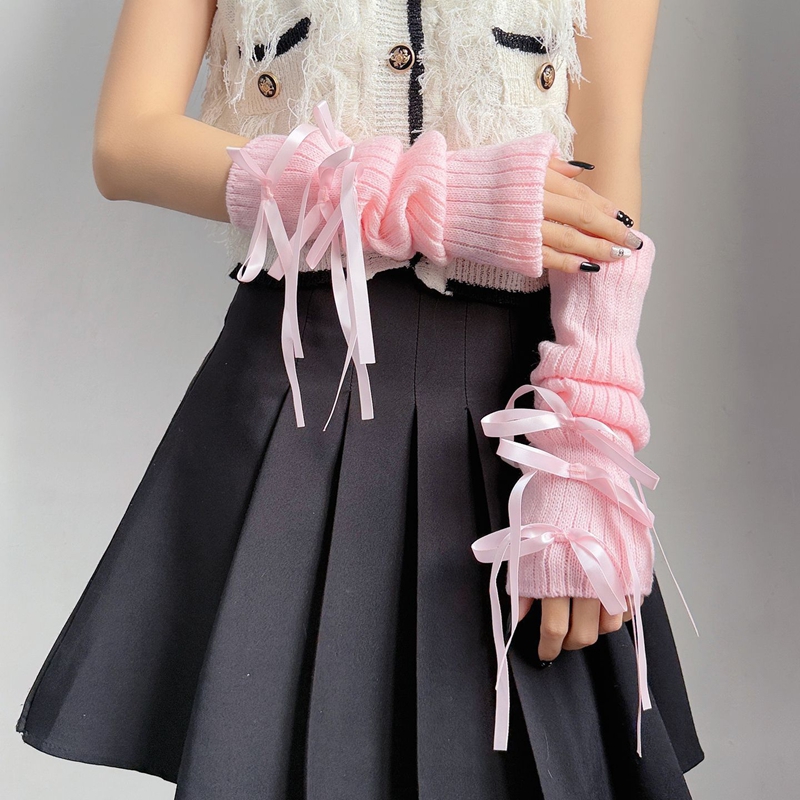スイートリボンボウ付きニットの暖かい指なし手袋、スタイリッシ - Fingerless Glove Knit のレビューと価格